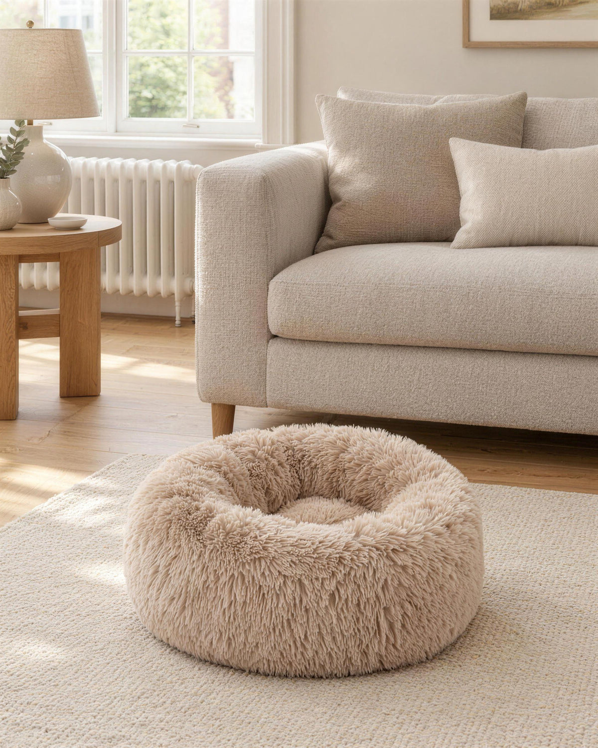 The oat Calm Bed on a rug in a living room