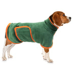 Side view of the green After-Walk Robe with the belly band fastened
