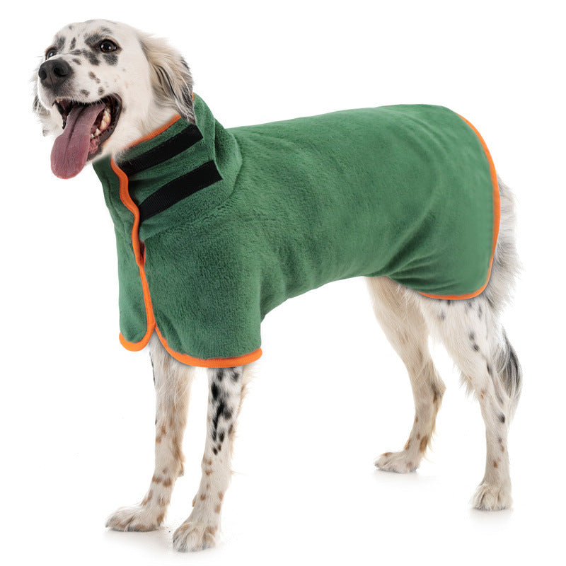 Dog wearing the DenKind After-Walk Robe in green