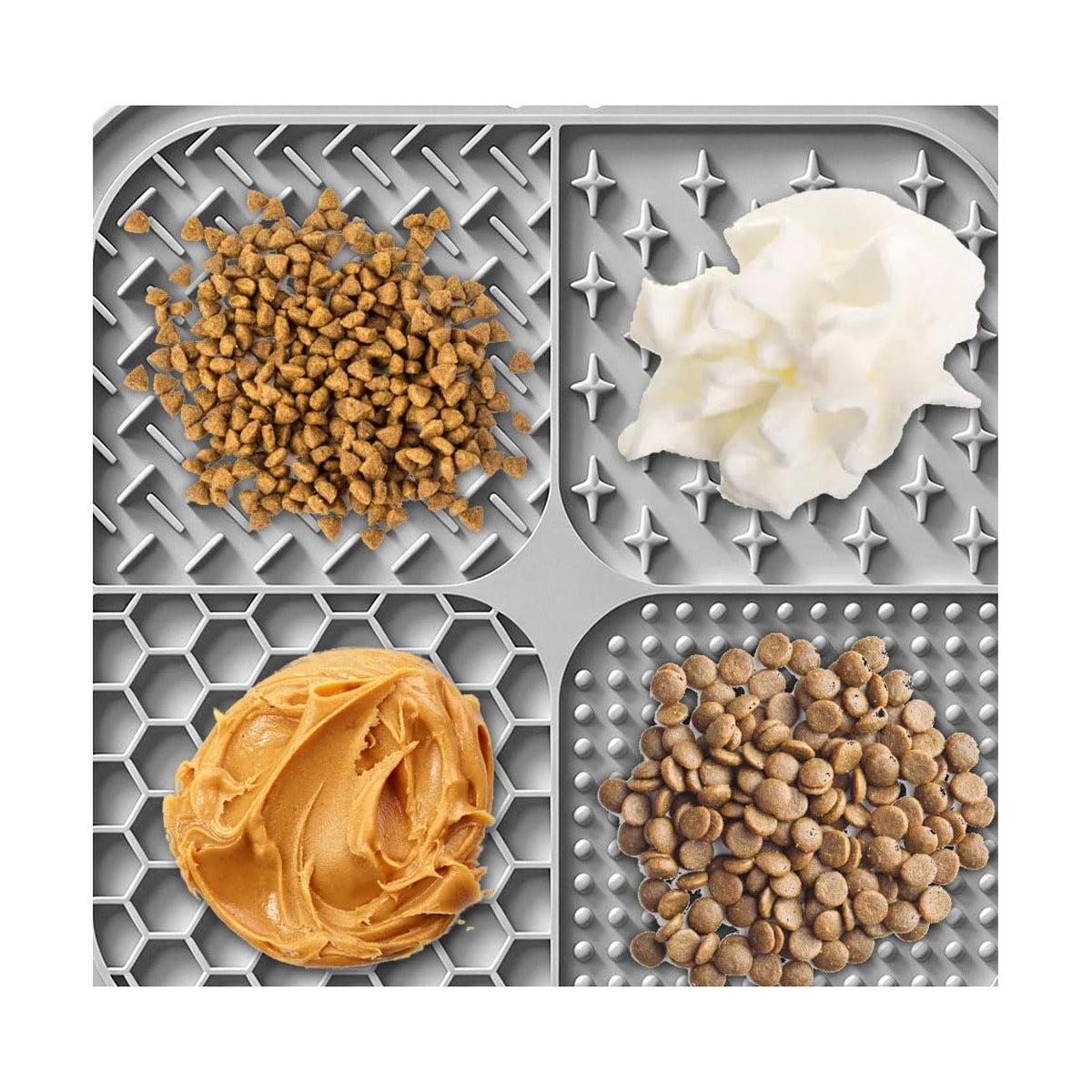 The DenKind Lick Mat with four textured sections holding kibble, yoghurt and peanut butter