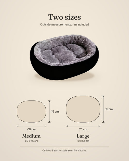 Calm Bed Oval sizes: Medium 60 x 45 cm and Large 70 x 55 cm, outside measurements