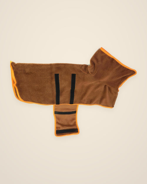 The brown After-Walk Robe laid flat with its belly band
