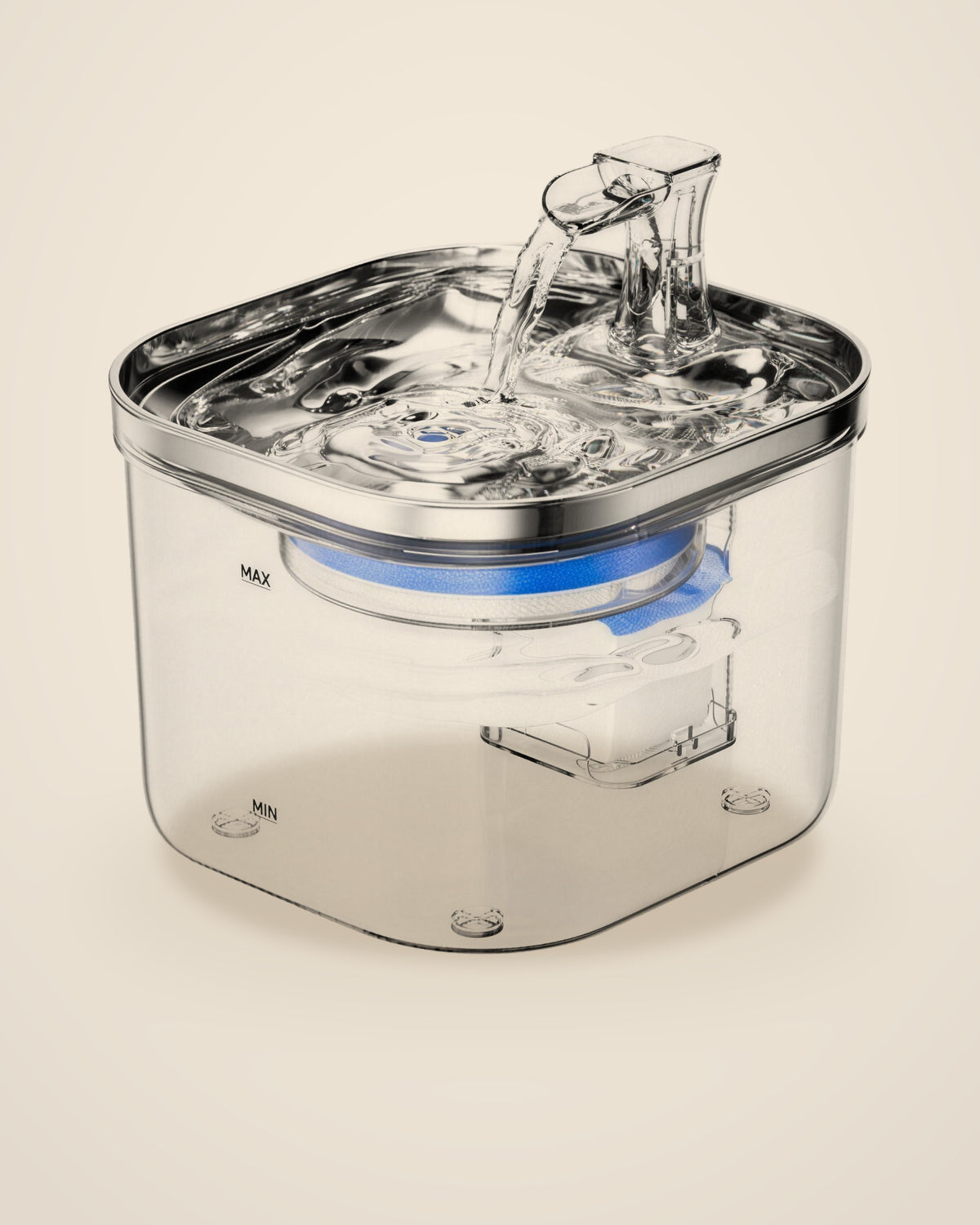 The DenKind Stream pet water fountain with its stainless steel top
